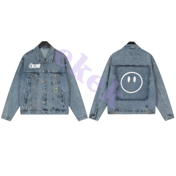 Luxuriöse Modemarke Herrenjacke, Smile Face Print, Stickerei, Waschung, Jeansjacke, Vintage, lässig, Paarjacke, Jacke, asiatische Größe S-XL