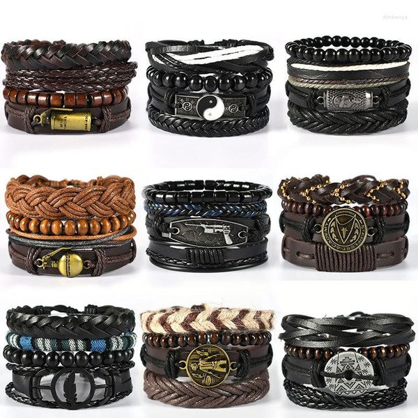 Charm-Armbänder Lederarmband für Männer Tai Chi Long Gun Bottle Black Leaves Herren mehrschichtig gewebtes vierteiliges Set Modeschmuck