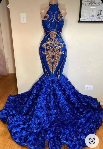 Africano Royal Blual Floral Memaid PROM Vestidos brilho lantejacho de trompete de trompete de noivado