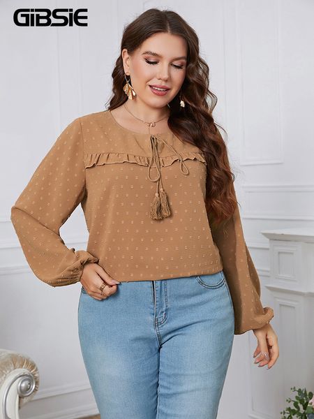 Mulheres Plus Size T-shirt GIBSIE Plus Size Swiss Dot Tassel Tie Neck Frill Trim Top Blusa Mulheres Primavera Verão Doce Casual Full Lantern Sleeve Blusas 230224