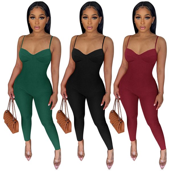 NEUE Designer-Jumpsuits mit Rippen, Sommer-Frauen, Spaghettiträger, Strampler, sexy V-Ausschnitt, figurbetonte Overalls, lässige, solide einteilige Overalls, Großhandelskleidung 9332