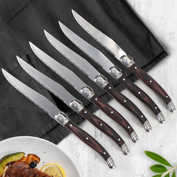 Geschirr-Sets Jaswehome 4 6 8 12-teiliges Laguiole-Steakmesser-Set mit gezahnter Dreifachniete, ergonomischer Griff, Pakkaholz-Stahl-Esstischmesser 230224