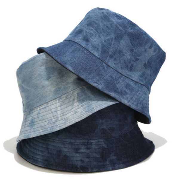 Breite Krempe Hüte Tie Dye Denim Eimer Hut Kappe Casual Jean Reversible Panama Frühling Sommer Zwei Seite Tragen Frauen Sonnenhut im Freien Wandern Angeln Kappe G230224