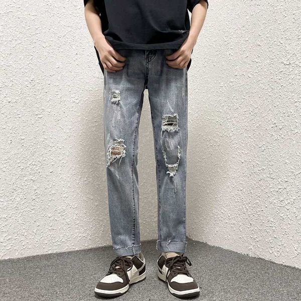 Herren Jeans 2023 Springsummer Loose Jeans Herren -Gerade Vintage Broken Jeans Street Jungen HipHop Slim Fit Cropped Hosen hellblau Z0225