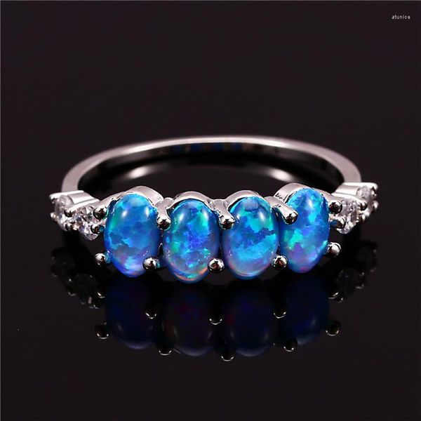 Fedi nuziali Moda Opale di fuoco blu Anello di fidanzamento Singola fila Piccola pietra ovale Colore argento delicato Per le donne Gioielli Boho