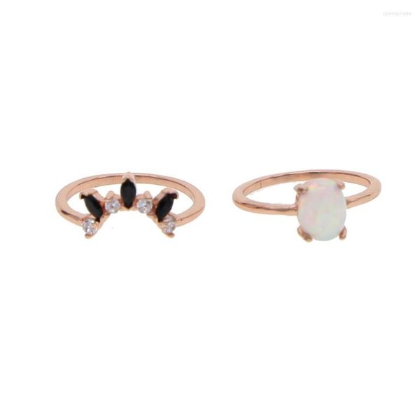 Trauringe, eleganter Ring, Roségold-Farbe, gepflasterter Opal, Cz, Schwarz, für Damen, Party, zarte Zierlichkeit, 2-teiliges Set