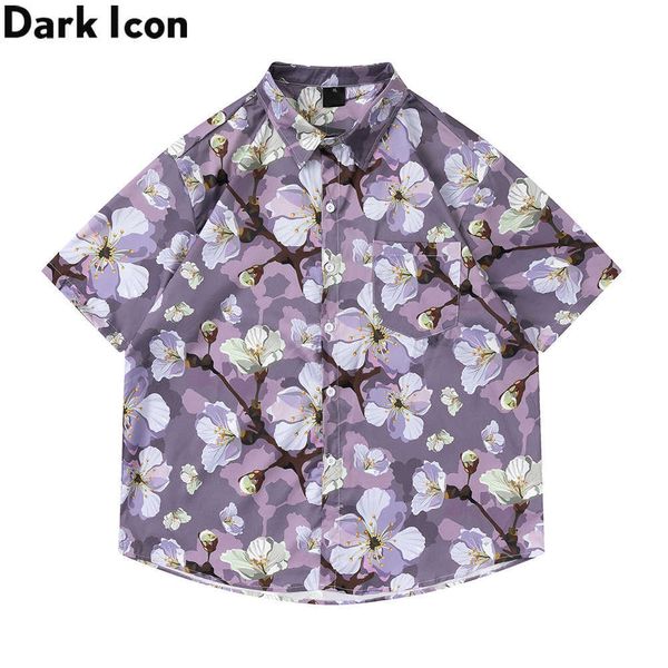 Мужские повседневные рубашки темно -фиолетовая цветочная гавайская рубашка Мужчина лето выключить воротничок на пуговицах мужские рубашки Man Blouse Z0224