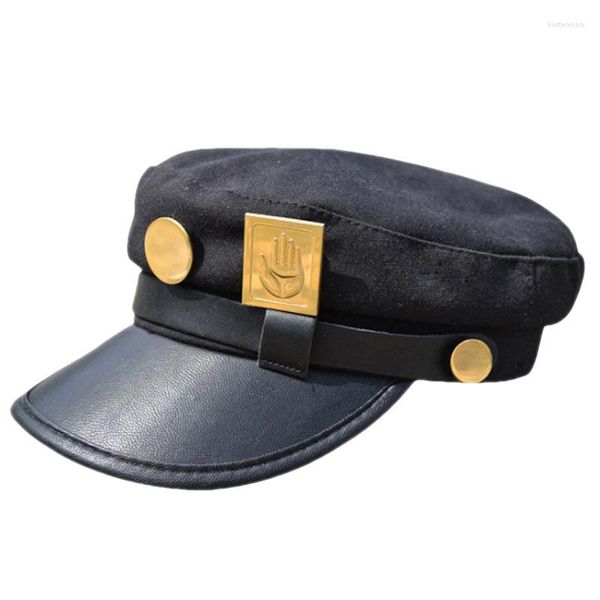 Berretti Moda Cintura dorata Bottone decorativo Cappello blu scuro per uomo e donna Primavera Autunno Protezione solare Berretto con tesa piatta in pelle