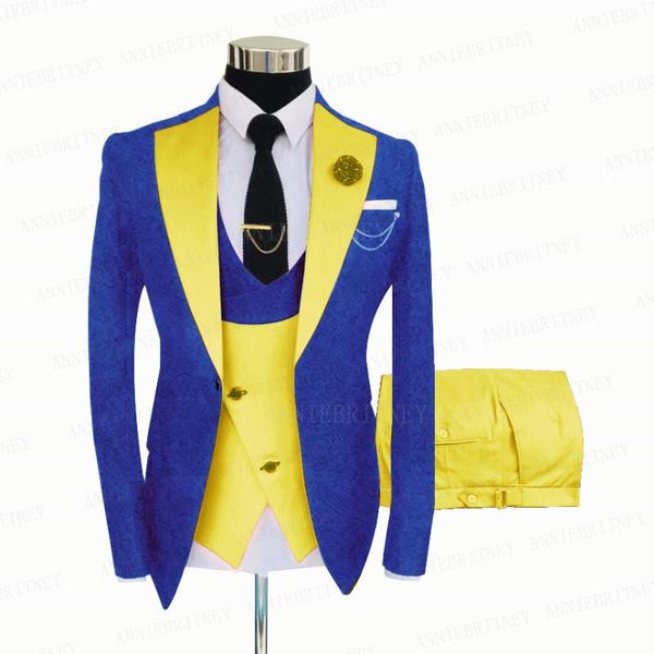 Abiti da uomo Blazer Abito da uomo blu royal 3 pezzi Abito da uomo su misura Smoking da sposo da sposa Giacca blazer jacquard slim fit Gilet giallo Pantaloni Set