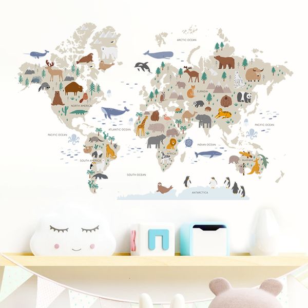 Adesivi a parete Cartoon Grande Mappa del mondo Animali selvatici Watercolor Decals in vinile Stampa Kids Room Sala Sala Salatura Interna Decorazione per la casa 230225