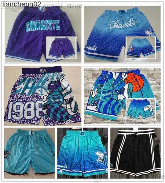 Shorts maschile Charlottehornetsmen retrò basket con tasche con cerniera pantaloni della tuta di gioco Larry Johnson Alonzo Mourning Lamelo Ball W0225