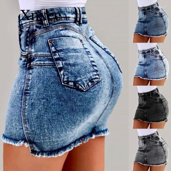 Saias azuis saia jeans sexy feminino de cintura alta jeans mini push de verão para cima rasgado de streetwear curto