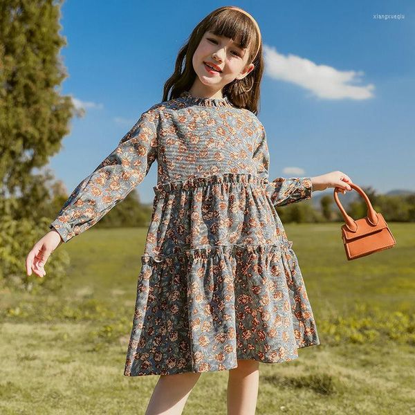 Mädchenkleider Mädchenkleid Kinderrock 2023 Blumen Retro Lange Ärmel Prinzessin Stadtrand Spaziergang 8-16 Jahre