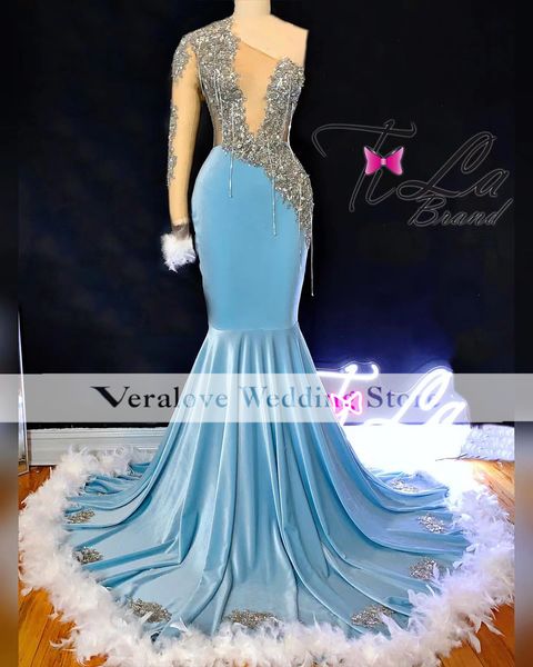 Luxus Ballkleider Meerjungfrau 2k23 One Shoulder Feder Afrikanisches Mädchen Abendkleid Gala Treffen Anlass Partykleider