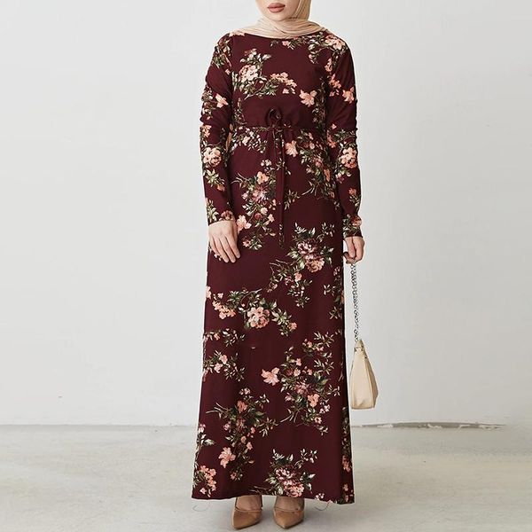 Ethnische Kleidung elegante bescheidene Maxikleider für Frauen 2023 Muslim gedruckte Mode O-Collar Long Sleeve Ladies Robe Abaya Kleider Frühling Herbst