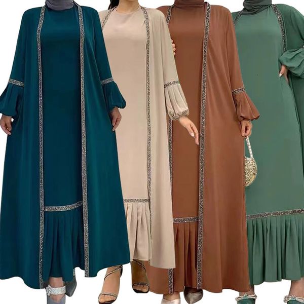 Ethnische Kleidung Naher Osten Muslimisches Kleid Set Langarm Mantel Pailletten Patchwork Strickjacke und Kleid Falten unten Partykleider 230224