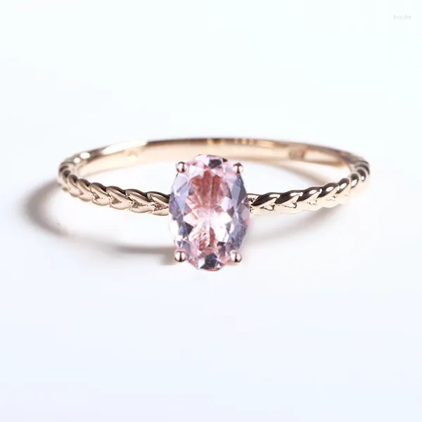 Anéis de cluster 5x7mm corte oval de morganita natural sólida 14k anel de casamento de ouro rosa de ouro jóias finas mulheres tamanho 3.5-12