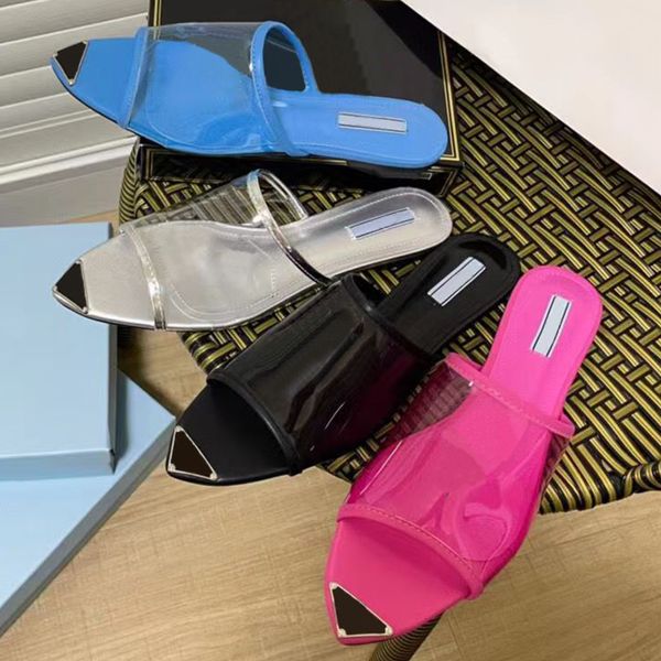 Mit Box Damen Hausschuhe Schuhe Logo-Druck Plexiglas Flache Slides Rosa Blau Schwarz Silber Designer Mädchen Bohren DekorationDreieckiges Logo ziert Einlegesohlenspitzen-Sandalen