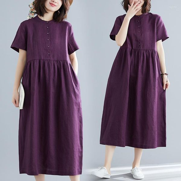 Vestidos de festa 2023 Vintage Purple Plus Tamanho Vestido solto verão maxi kaftan algodão e saia de retalhos de linho