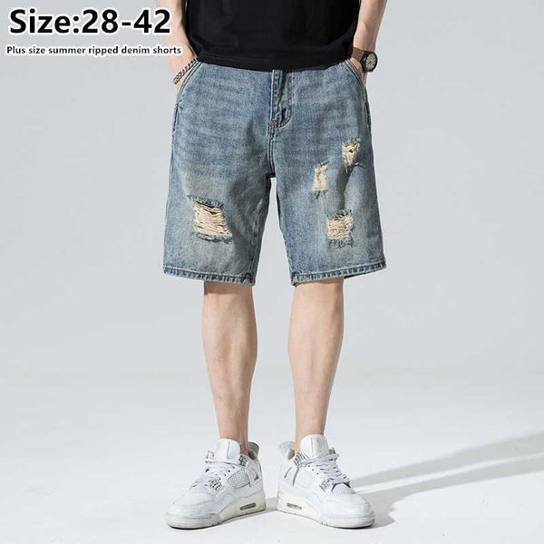 Herren Shorts Sommer Zerrissene Jeans Halbe Hosen Lose Männer Jungen Vintage Mode Löcher Zerkratzt Lässig Distressed Denim Plus Größe 40 42 Shorts L230225