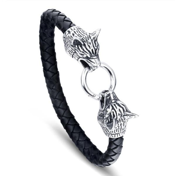 Filo di fili di perline Personalità matura Bracciale in pelle nera da uomo Rock Metal Wolf Fascino alla moda Regalo di gioielli per feste