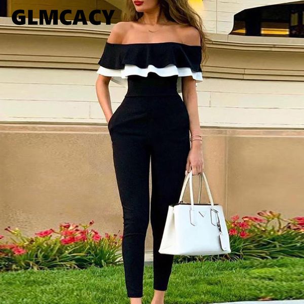 Tute da donna Pagliaccetti Donna con spalle scoperte Colorblock Ruffles Tuta aderente Skinny Streetwear Office Ladies Slim Fit Nero 230224