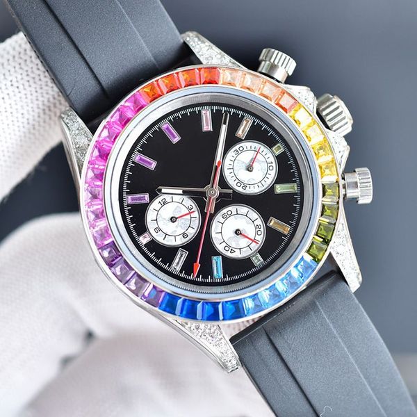 Luxuriöse Sportuhren mit Automatikaufzug, mechanisches Uhrwerk, Herrenuhr, schwarzes Kautschukarmband, 40 mm, Regenbogen-Diamant-Zifferblatt, lässige Business-Armbanduhren, Montre De Luxe