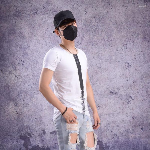 Erkek Tişörtleri Orta Uzunluk Tişört Erkek Baskı Hong Kong Stil Uzun Hip-Hop İnce Yaz Moda Erkekler Yarım Kollu Bahçe Pend
