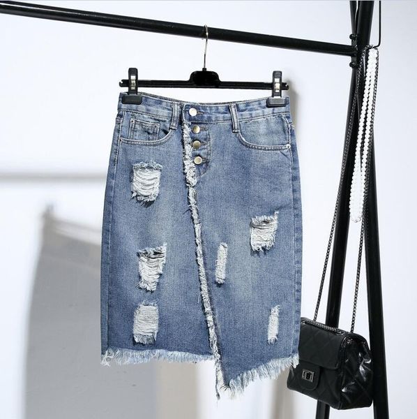 Saias plus size moda Midi Denim Salia Mulheres 2023 Verão Buz Azul Light Hole Ripped Jeans Feminino Botão Tassel Escola