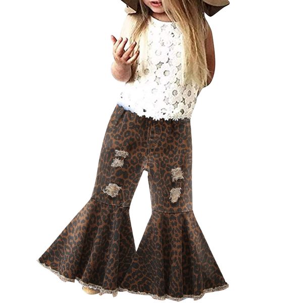 Jeans Flare Leopard Mädchen zerrissen für Kinder Baby gefärbte Unterseite Denim Kleinkind Hosen Schlaghosen 1 6Y Krawatte Leggings für 230224