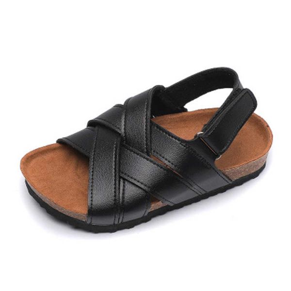 Sandálias ortoluckland sandálias de praia meninos sapatos de couro macio preto fácil vestindo sandálias de cortiça respirável e respirável para criança meninas z0225