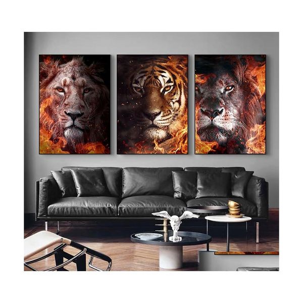 Auto-DVR-Gemälde, abstraktes Tier, Löwe, Tiger, Leopard, Wolf mit Flammen, Poster und Drucke, Leinwand, Wandkunst, Bilder für Wohnzimmer, Heimdekoration, Dhwbn