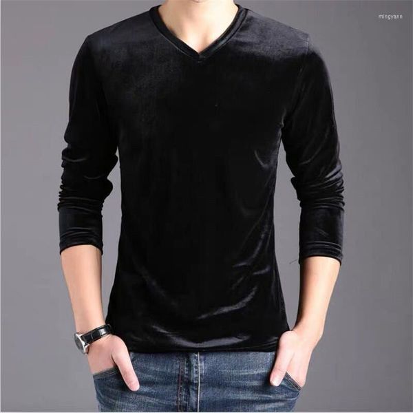 Männer T-Shirts 2023 Ankunft Herbst Männer Mode T-Shirts V-ausschnitt Velour Lange Ärmel Tops Solide Winter Samt Herren T-shirt plus Größe 6XL 7XL