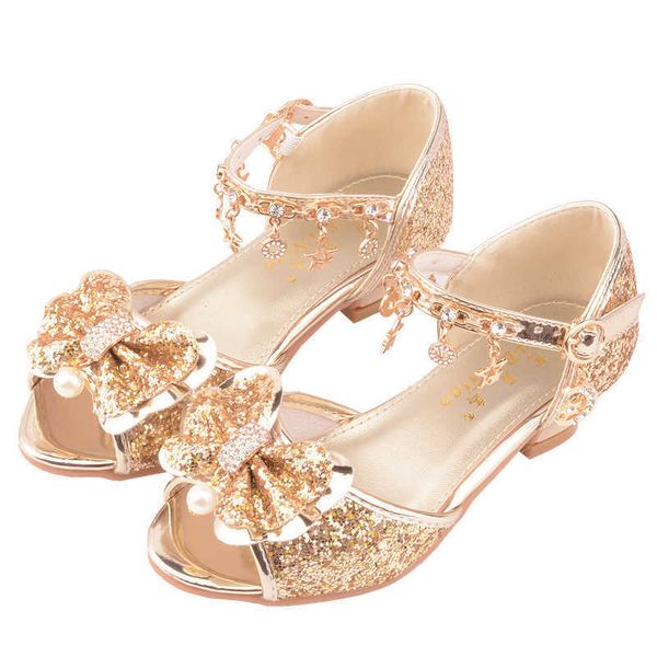 Sandálias meninas sandálias crianças sapatos de cristal 2023 Summer Kids Glitter Sapatal Saltos altos pingentes de shinestone de lantejoulas abertas Princesa Z0225