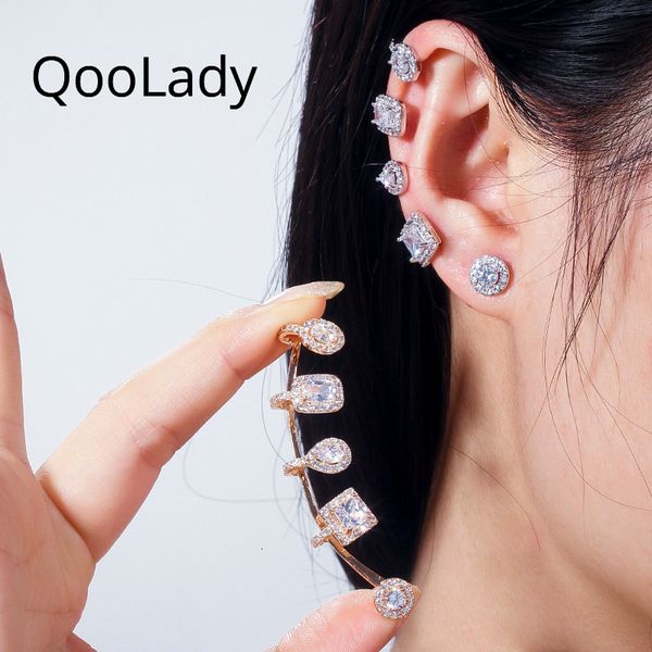 Ear Cuff QooLady Trendy Ear Cuffs Shiny White Geometric Cubic Zirconia Crystal Climbers Orecchini a bottone per donna Ladies Star Jewelry E180 230225