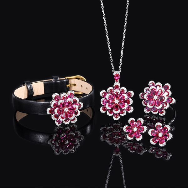 Set di gioielli con diamanti rubino fiore 100% vero argento sterling 925 fidanzamento bracciale anelli orecchini collana per regalo donna