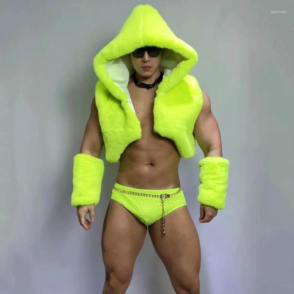 Bühnenkleidung Nachtclub Sexy DJ Gogo Tanzkostüm Männlicher Teamtänzer Fluoreszierendes grünes Kunstfell mit Kapuze Weste Shorts Manschette Rave Outfits