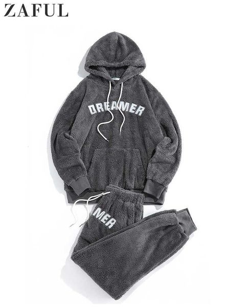 Herren-Trainingsanzüge ZAFUL Herren-Trainingsanzug aus Kunstpelz, flauschiger Kapuzenpullover mit Hosen-Set, zweiteiliges Set, Herbst-Winter-Streetwear-Pullover mit Balkenfüßen, Hosen Z0224