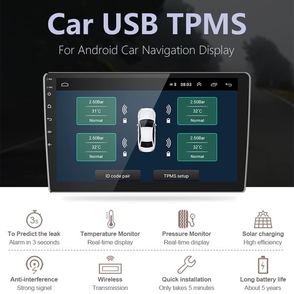 USB Android TPMS Reifendrucküberwachungssystem für Autoradio DVD-Auto-Player 4 Reifen externe/innere Sensoren Temperaturalarm