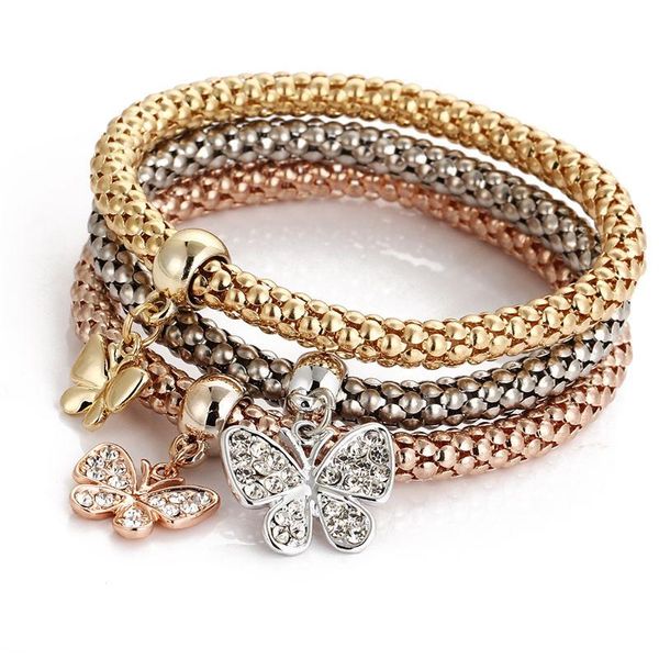 Pulsão elástica de cristal de cristal diamante coroa da coroa da vida de caveira Butterfly Butterfly Bracelets Bangle Sets Jewelry Will e Sandy 3pcs/Set