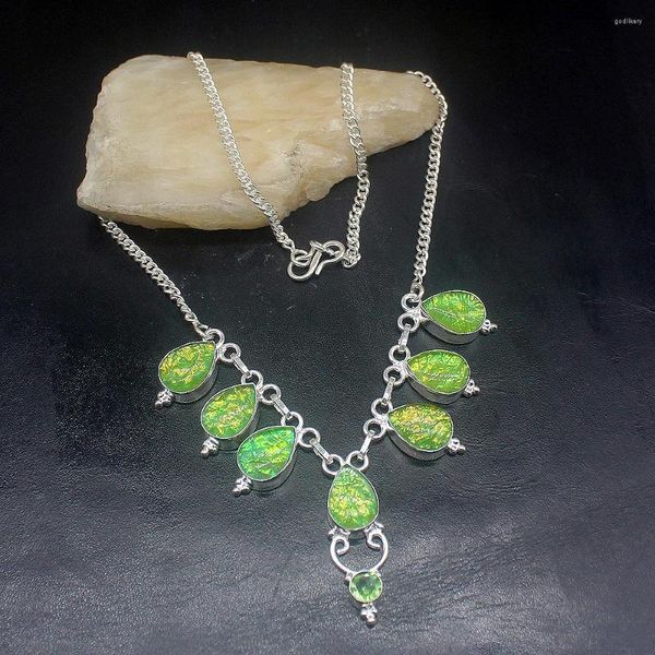 Anhänger-Halsketten Hermosa Schmuck Wunderschönes grünes dichroitisches Glas Silberfarbe Damen Damen Geschenke Halskette Kette 42 cm 20233485