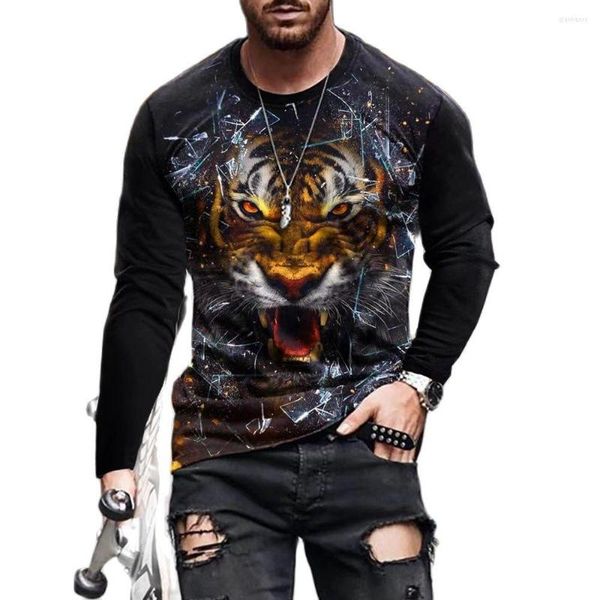 T-shirt da uomo 2023 T-shirt da uomo con stampa animalier vintage 3D O-Collo in cotone Camicia a maniche lunghe oversize Abbigliamento Casual Streetwear Punk Top