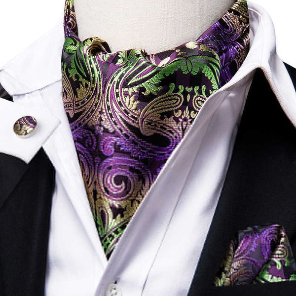 Halskrawatten Hitie Luxus Paisley Cravat für Männer lila grüne Taschenquadratschellenkindbindungen Ascot Schal Krawatte Neue Männer lässig Ascot Cravat Krawatte Set