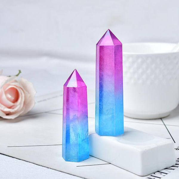 Dekorative Figurenobjekte natürliche Kristall Doppelfarbe Aura klarer Quarzpunkt Stabmeditation Heilungsstein Home Dekoration Pyramide Gi