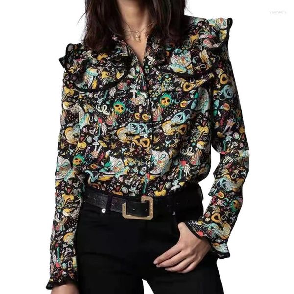 Damenblusen Damen Rüschen Cape Design 2023 Herbst Langarmshirts Damen Vintage Circus Print Shirts