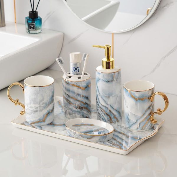 Set di accessori per il bagno Marmo blu dorato Ceramica Design Accessori per il bagno Dispenser di sapone Scatola portaspazzolino Decorazioni per la casa ZB378