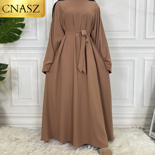 Abbigliamento etnico Vendi semplice abito lungo Nida Abaya Abiti a maniche lunghe a trapezio in puro colore Dubai UK Abito elegante modesto 230224