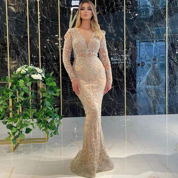 Sirena Champagne Abiti da ballo Maniche lunghe Scollo a V Pizzo 3D Applicazioni scintillanti Paillettes Lunghezza del pavimento Celebrity Abito da sera vuoto Abiti da sposa Taglie forti Personalizzato