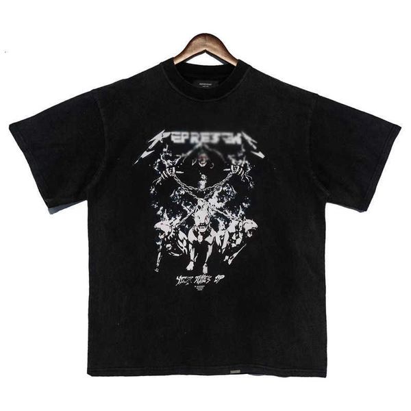 Kurzarm-T-Shirt der amerikanischen Modemarke „Skull Repeat Wizard“ mit dreiköpfigem Hundedruck, lockeres Rundhals-T-Shirt für Herren und Damen
