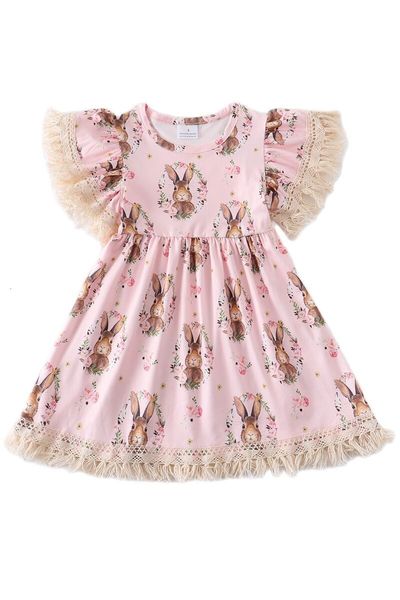Kız elbiseler Paskalya Bebek Kız Giysileri Butik Kısa Kollu Moda Kız Tavşan Baskı Sevimli Toptan L230224